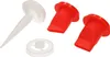 A set of mortar press nozzles and a cap are arranged on a white background. Produktbild-Vorschau