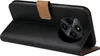 A black flip case for a smartphone is shown open, revealing the inside and the phone's camera module. Produktbild-Vorschau
