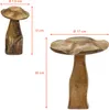 Two wooden mushroom decorations of different sizes are shown against a white background, with dimensions indicated by measurement lines and text. Produktbild-Vorschau