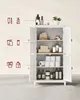 A white cabinet with multiple shelves displaying various bathroom and cleaning products, along with illustrated icons on the left pointing to items within the cabinet. Produktbild-Vorschau