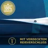 Close-up of a blue fabric with a zipper, featuring marketing text and a guarantee seal. Produktbild-Vorschau