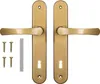 A set of two gold door handles with a keyhole on each plate, along with screws and a metal bar. Anteprima dell’immagine prodotto