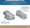 Two metal hinges are shown against a white and light gray background, with text overlays describing their features and benefits. Produktbild-Vorschau
