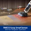 A vacuum cleaner is shown cleaning a floor with different levels of dirt indicated by a graph and colored zones. Náhled obrázku produktu