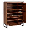 A wooden shoe cabinet with its doors open, showing multiple shelves and dimensions indicated by measurement lines. Produktbild-Vorschau