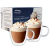 A product box for Aqualogis double wall glass cups, with two cups filled with a beverage and whipped cream shown in front of the box. Náhled obrázku produktu