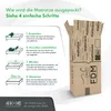 An instructional diagram showing how to unpack a mattress, with a cardboard box in the background. Produktbild-Vorschau