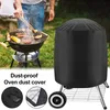 A person is grilling food on a charcoal grill, with a black grill cover shown next to it. There are also inset images showing the cover's material and water resistance. Produktbild-Vorschau