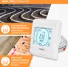 A thermostat is shown next to images illustrating water-based and electric underfloor heating systems. Náhled obrázku produktu