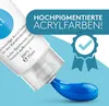 A tube of blue acrylic paint is shown with text overlay and a quality seal. Produktbild-Vorschau