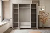 An open wardrobe with shelves and hanging space, located in a room with a window seat and decorative items. Produktbild-Vorschau