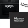 A collage showing a black Bosch oven and a black induction cooktop, with text overlays highlighting features. Produktbild-Vorschau