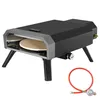 A black and gray gas pizza oven with a pizza stone inside, shown on a white background with a red gas hose and regulator. Produktbild-Vorschau