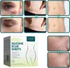 A collage of images showing before and after results of using silicone scar sheets, along with the product packaging. Produktbild-Vorschau
