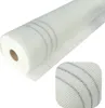 A roll of white fiberglass mesh fabric with gray stripes, shown on a white background. A close-up inset shows the texture of the fabric. Produktbild-Vorschau