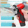 A hand holding a red and black electric grinding tool with text overlays describing its features. Produktbild-Vorschau