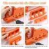 A collage of four images showing the steps to replace blades on an orange hand tool. Produktbild-Vorschau