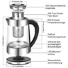 Diagram of a glass electric kettle with dimensions and feature labels. Produktbild-Vorschau