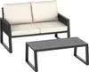 A black metal outdoor lounge set with cream cushions, consisting of a two-seater sofa and a coffee table, displayed on a white background. Voir les images du produit