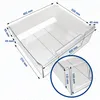 A clear plastic drawer with dimensions labeled. Voir les images du produit