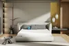 A modern bedroom scene featuring a mattress on a bed frame, with decorative elements like a metallic dog sculpture and pendant lights. Podgląd zdjęcia produktu