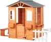A wooden playhouse with a bench, mailbox, and fence, set against a white background. Náhled obrázku produktu