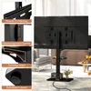 A collage of close-up shots highlighting features of a TV stand, alongside a full view of the TV stand with a TV mounted on it in a living room setting. Podgląd zdjęcia produktu