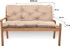 A beige garden bench cushion on a wooden bench, with dimensions indicated by text overlays. Produktbild-Vorschau