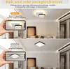 A split image showing two different ceiling lights. The top half shows a modern ceiling light with text highlighting its features, and the bottom half shows a different ceiling light with text indicating it flickers. Produktbild-Vorschau