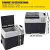 Product specifications and dimensions for a portable car refrigerator. Voir les images du produit
