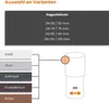 A diagram showing color and size options for a downspout, with text labels and a diagram of a pipe. Produktbild-Vorschau