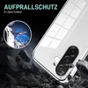 A clear phone case is shown with a graphic illustrating its protective features against impact, set against a dark, rocky background. Produktbild-Vorschau