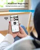 A person is holding a smartphone displaying a security camera app, with text overlays indicating features. Produktbild-Vorschau