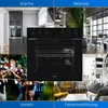 A collage of four different scenes: a modern kitchen, an office space, a party outdoors, and a living room, with a central image of a black oven. Produktbild-Vorschau