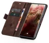 A brown leather flip case for a smartphone, open to reveal the phone screen and card slots. Produktbild-Vorschau