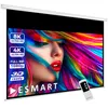 A projection screen with a colorful abstract image displayed on it, along with a remote control. Produktbild-Vorschau