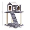 A multi-level cat tree with scratching posts, a ladder, and enclosed spaces, shown against a white background with dimensions indicated. Produktbild-Vorschau