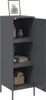 A dark gray cabinet with its door open, showing three shelves with decorative items. Podgląd zdjęcia produktu