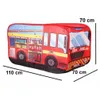 A red toy fire truck tent with dimensions indicated by text overlays. Produktbild-Vorschau