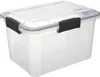 A clear, well-lit studio shot of a transparent plastic storage box with black latches. Podgląd zdjęcia produktu
