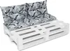 A white pallet sofa with black and white patterned cushions. Produktbild-Vorschau