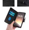 A hand holding a black flip-style phone case with a phone inside, showing the screen. Produktbild-Vorschau