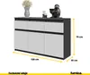 A 3D rendering of a gray and white sideboard with decorative items on top, showing dimensions. Náhľad obrázku produktu