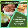 A collage of food items including chocolate ice cream, a slice of cake, and a green smoothie, with text overlays. Anteprima dell’immagine prodotto