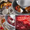 Collage of images showing a food mill attachment for a kitchen appliance, with food items like vegetables, meat, and strawberries. Produktbild-Vorschau
