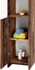 An open wooden cabinet with shelves displaying towels, a sponge, a bottle of bath salts, and a soap dispenser. Produktbild-Vorschau
