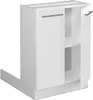 A white kitchen cabinet with two doors, one of which is open, revealing shelves inside. The cabinet has a metallic handle on each door. Produktbild-Vorschau