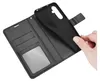 A hand is shown holding open a black wallet-style phone case, revealing the interior card slots and a clear window. Produktbild-Vorschau