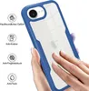 A hand is shown touching a blue and clear phone case, with icons and text describing its features. Produktbild-Vorschau