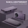 A purple phone case is displayed on purple blocks, with text overlay. Produktbild-Vorschau